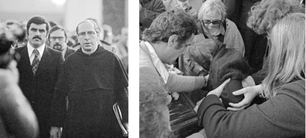 Padre David Maria Turoldo che terrà l'orazione funebre per Pasolini, Casarsa 6 novembre 1975 (foto di Claudio Ernè).